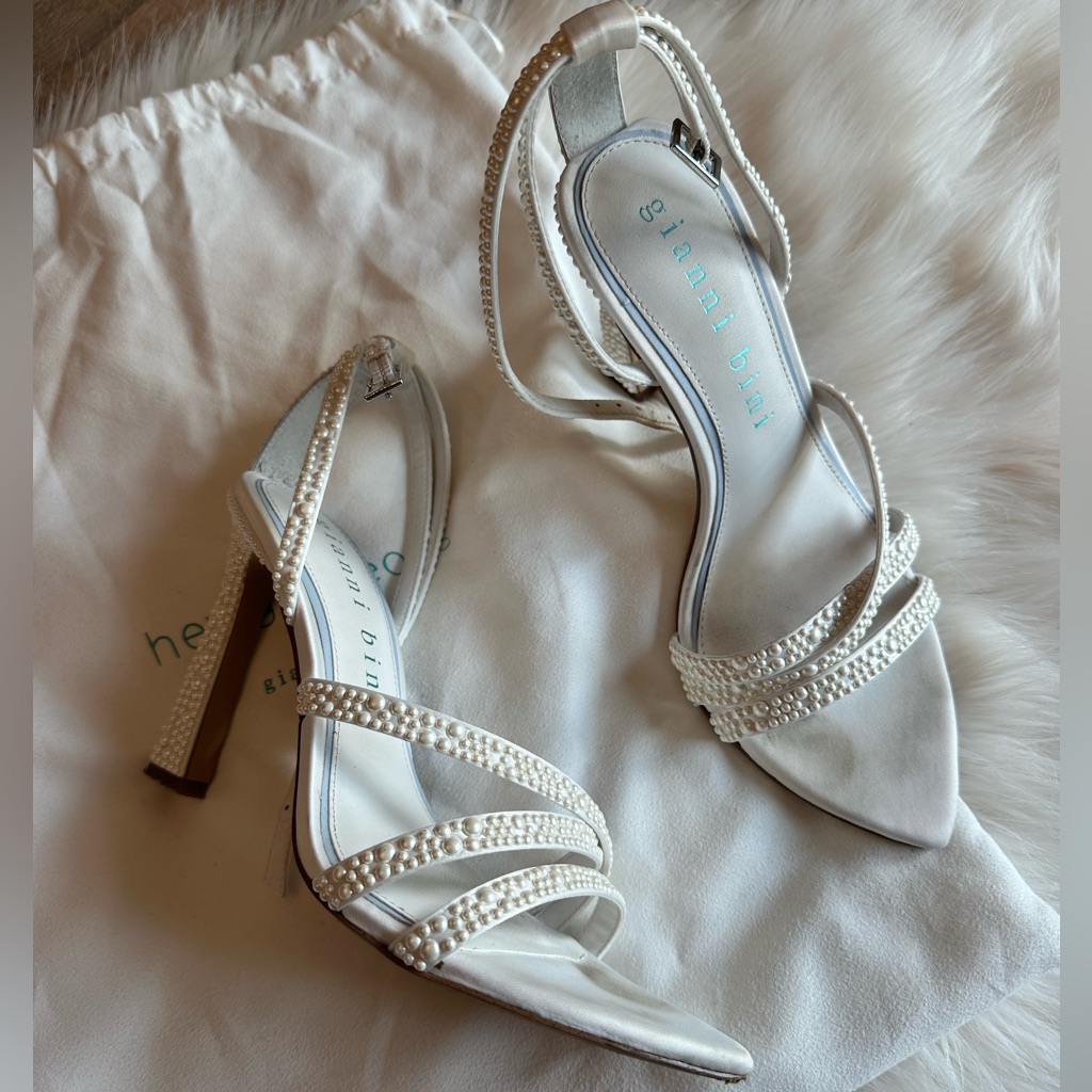 Gianni Bini White Pearl-Embellished Strappy Heels